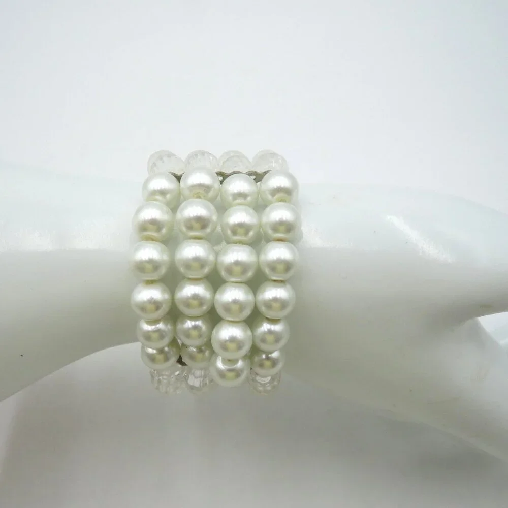 Imitation Pearl Clear Faceted Bead Wide Stretch Bracelet White Cuff Multi Strand